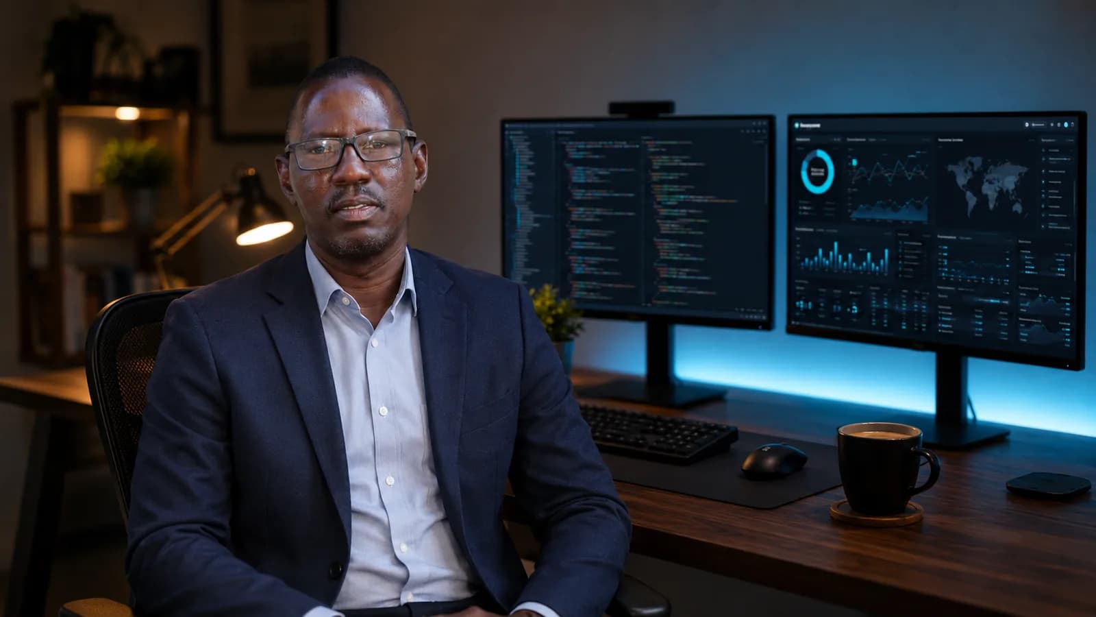 Cloudpilar founder at work — dual-monitor setup with dashboards and analytics